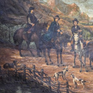 antique old 19th century 1800s oil painting hunting scene mountain landscape patina lodge cabin decor roots revived