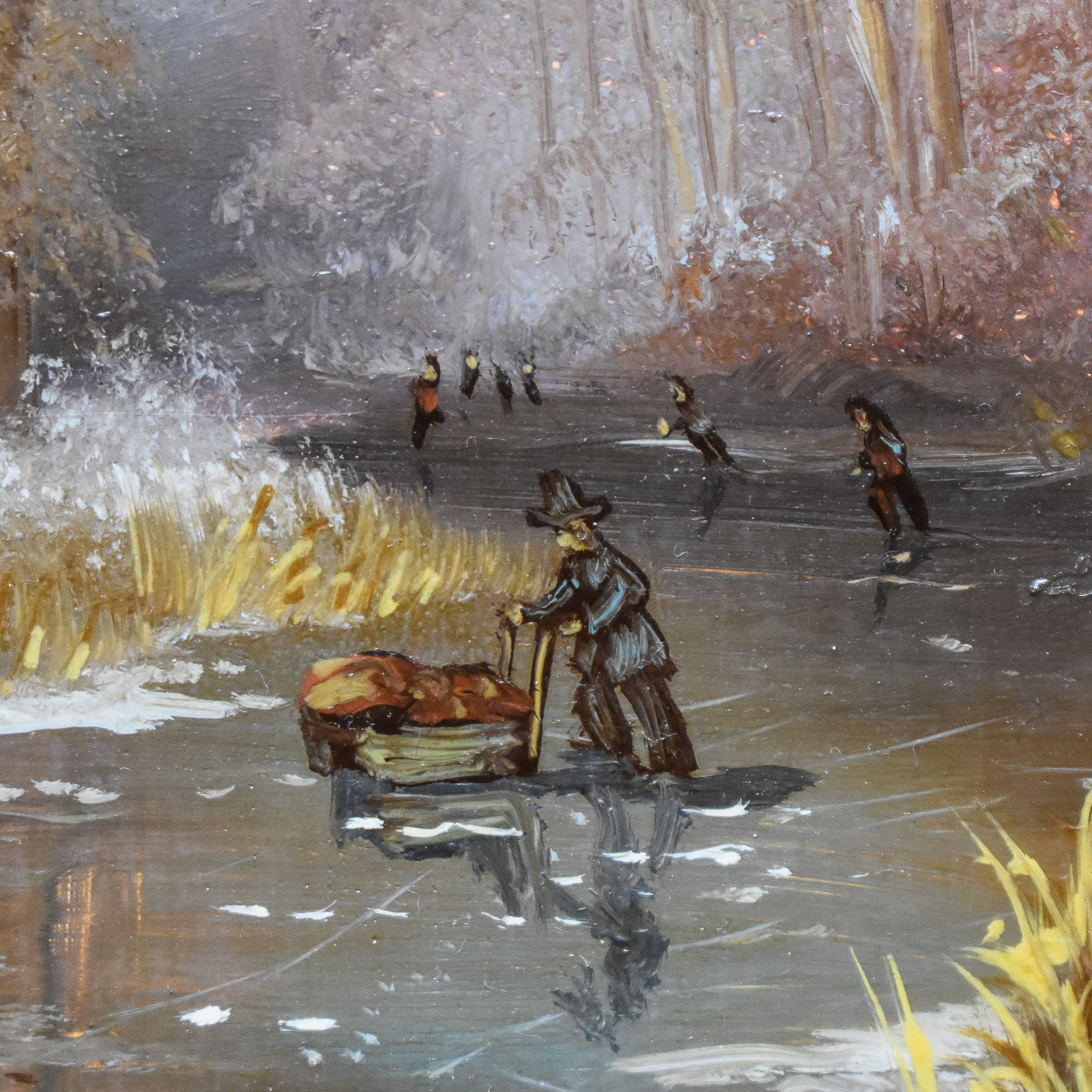 antique-vintage-early-1900s-oil-painting-wooden-panel-winter-scene-lodge-cabin-decor-snow (4)