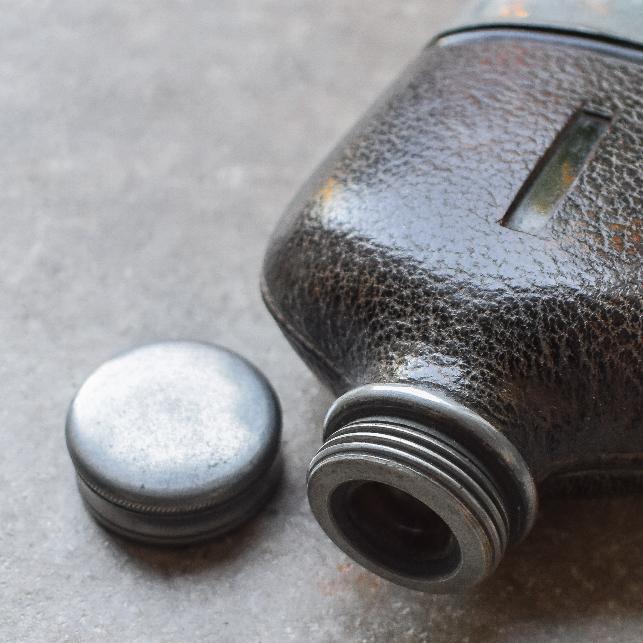 Antique Vintage 30s 1930s British English Hip Flask Bottle Canteen Flacon Field Gear Hiking Hunting Mens Gift Decor Black Leather Pewter