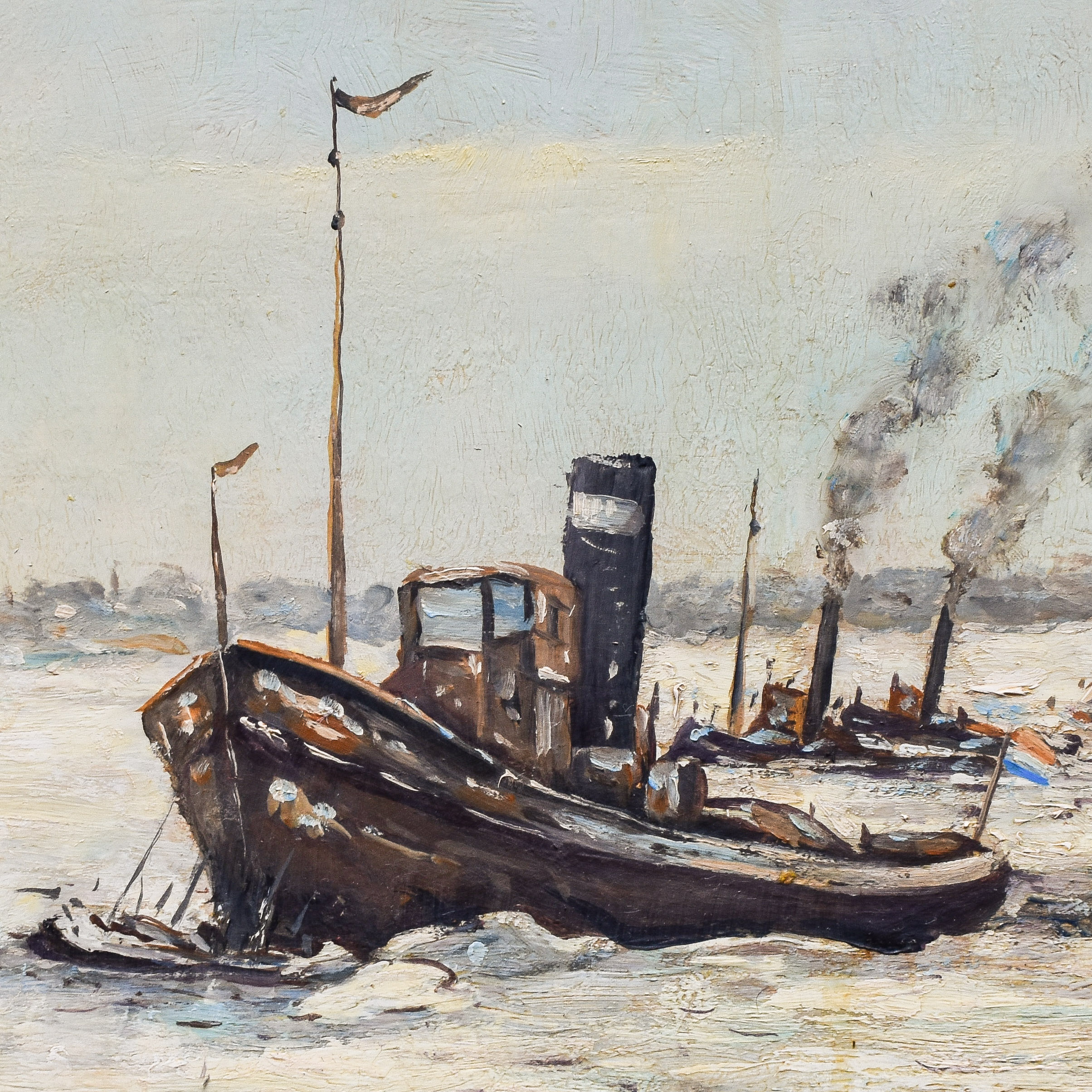 antique-vintage-30s-1930s-dutch-oil-painting-ice-breaker-ships-boats-winter-scene-decor-cabin-lodge-cottage-frame (4)