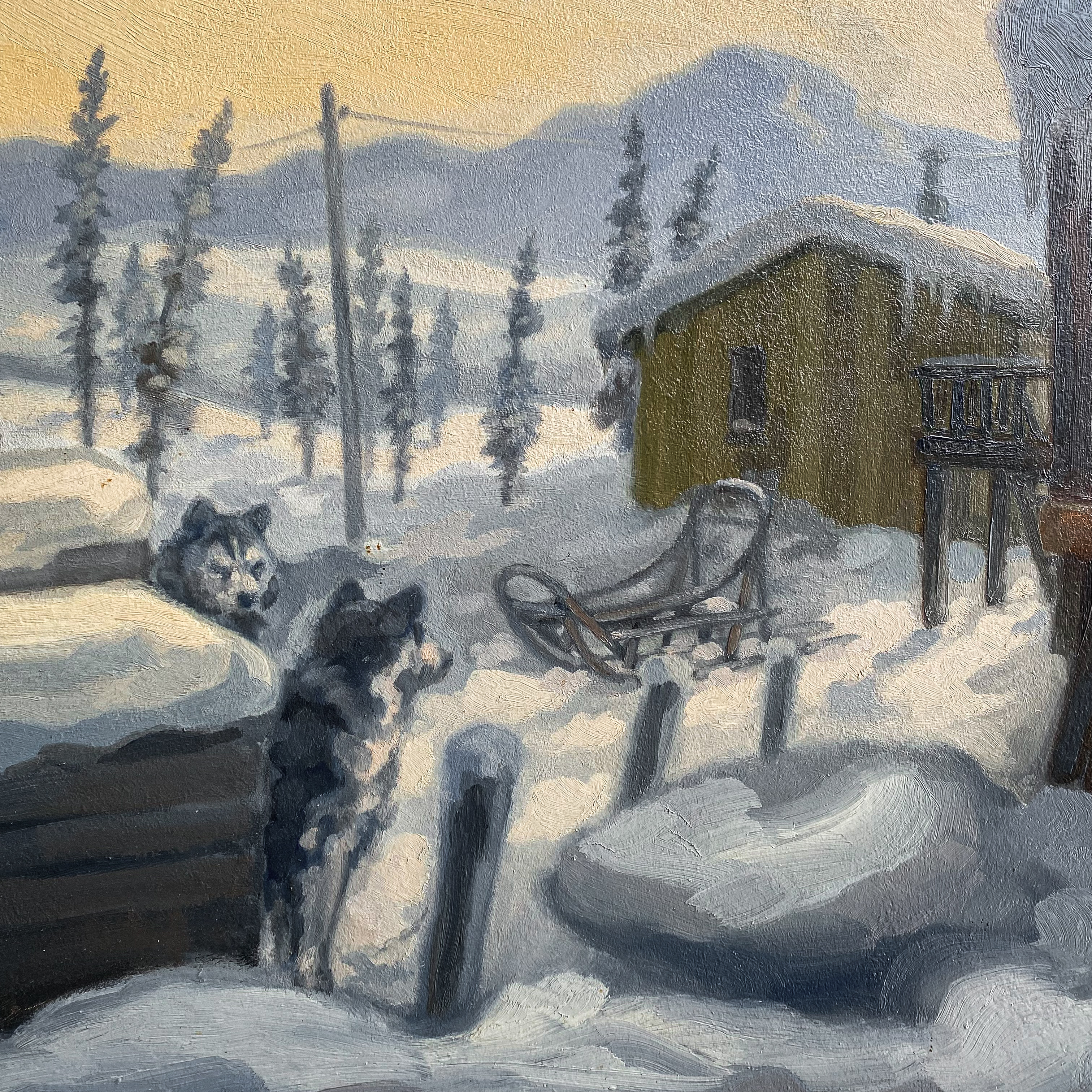 vintage-80s-retro-large-oil-painting-art-winter-decor-snow-native-settlement-canada-sled-dogs-huskies-cabin-lodge-decor (2)