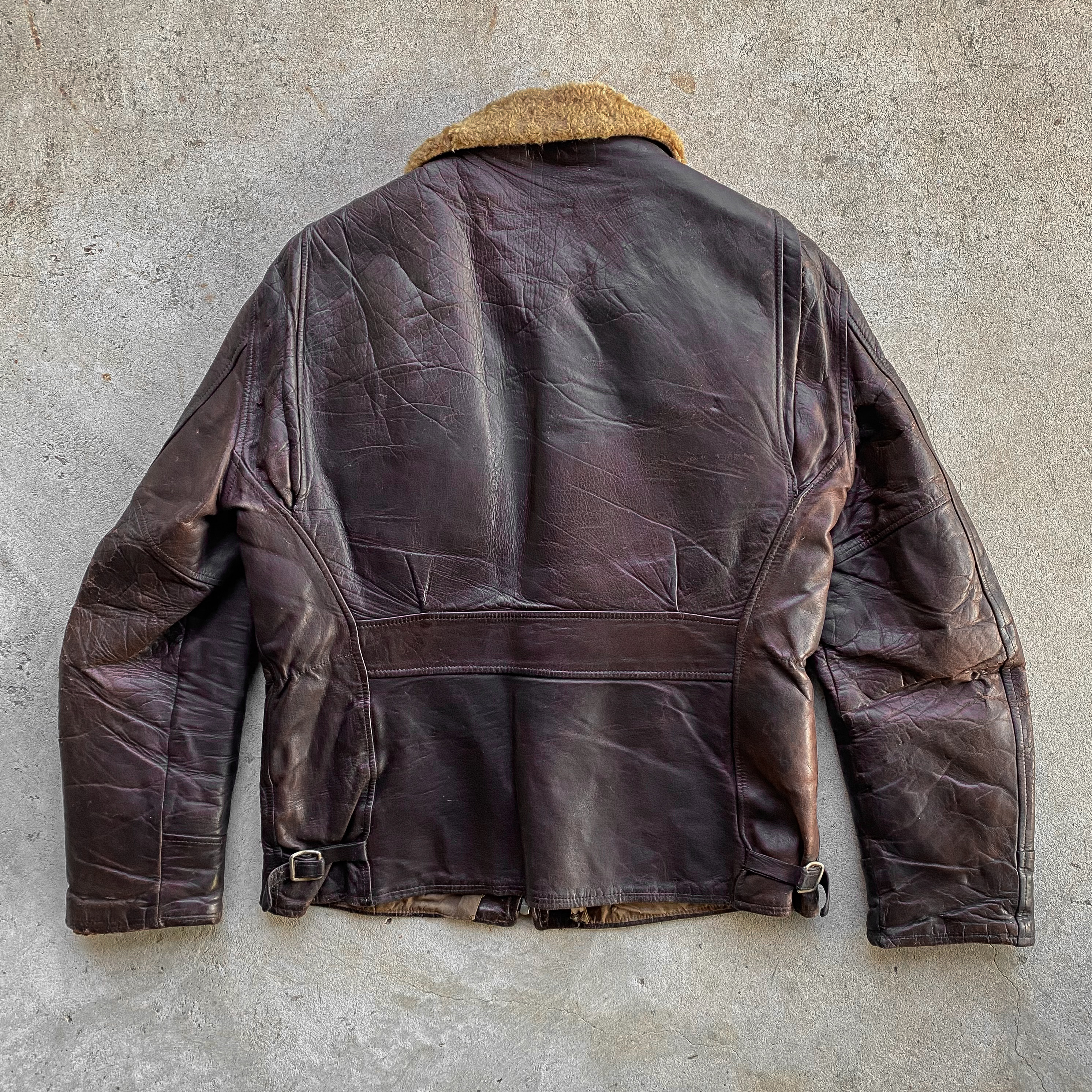 vintage-50s-1950s-french-leather-sheepskin-flying-shearling-jacket-rugged-style-brown-aviation-military-pilot (7)