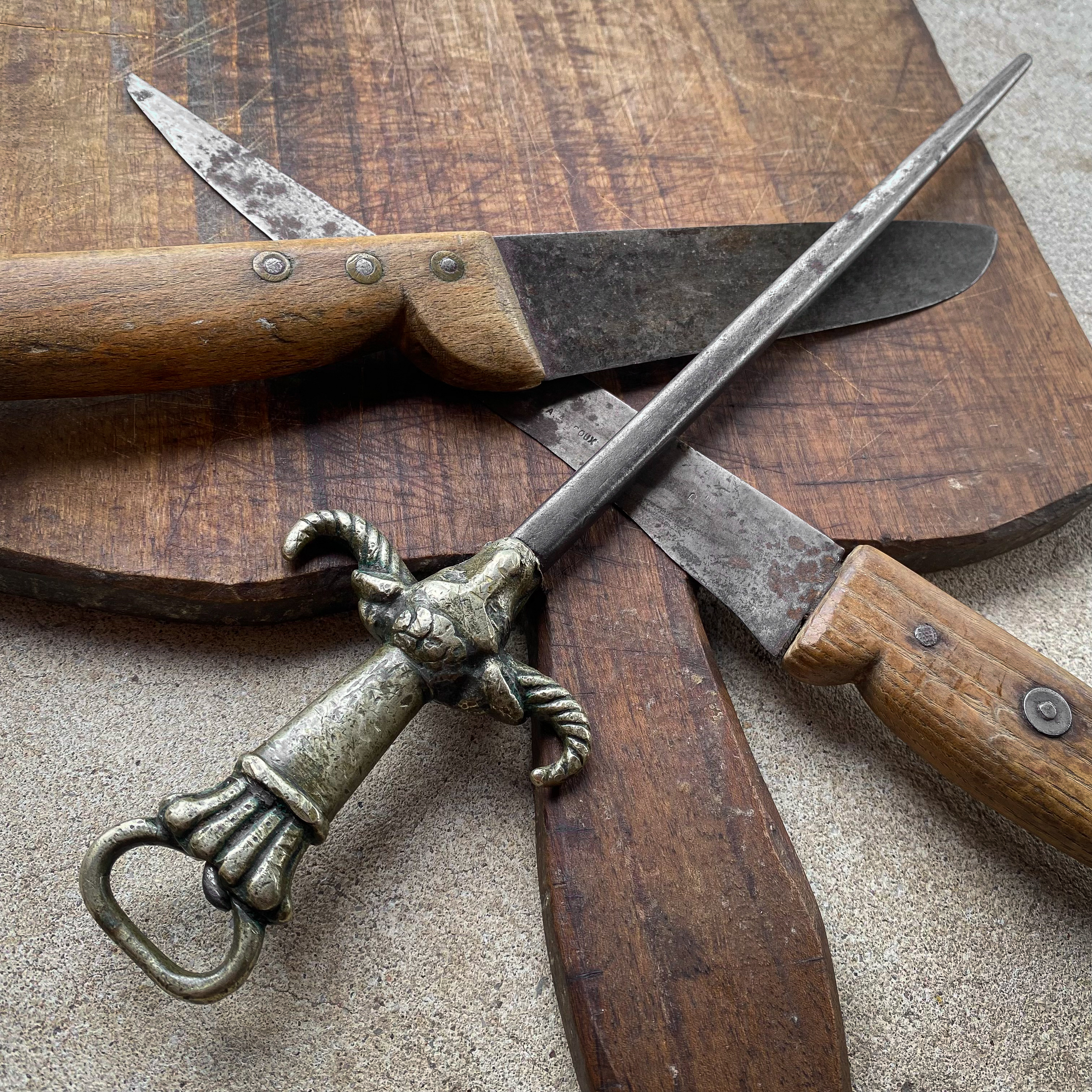 antique-vintage-19th-century-1800s-french-hand-forged-wrougth-steel-butcher-sharpening-steel-knive-sharpener-kitchen-steak-house-restaurant-decor-roots-revived Antique Vintage 19th Century 1800s French Sharpening Steel Knife Bull Head Handle Kitchen Butcher Shop Rustic Decor