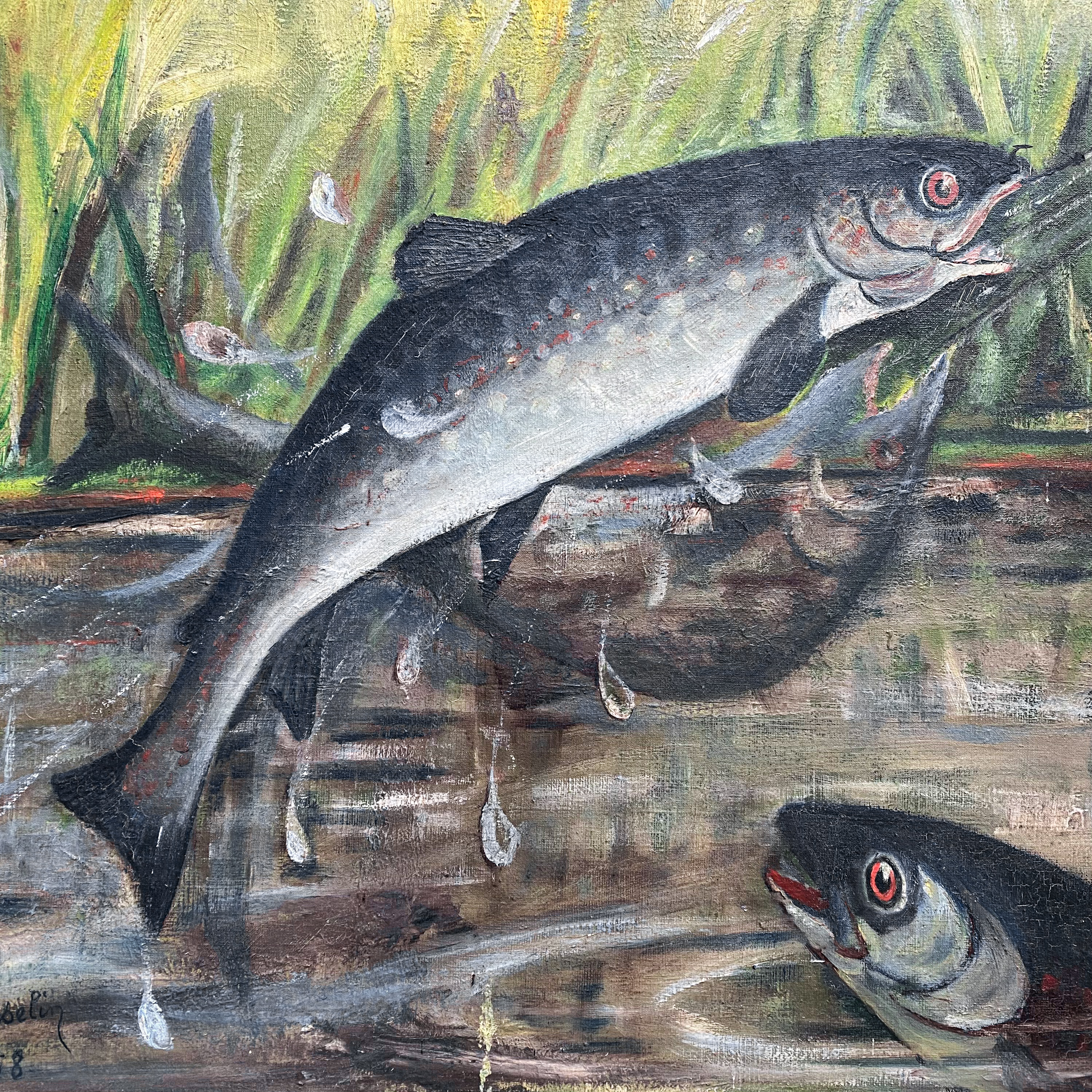 vintage-50s-oil-painting-fly-fishing-fish-trout-cabin-lodge-decor-frame-gift (8)