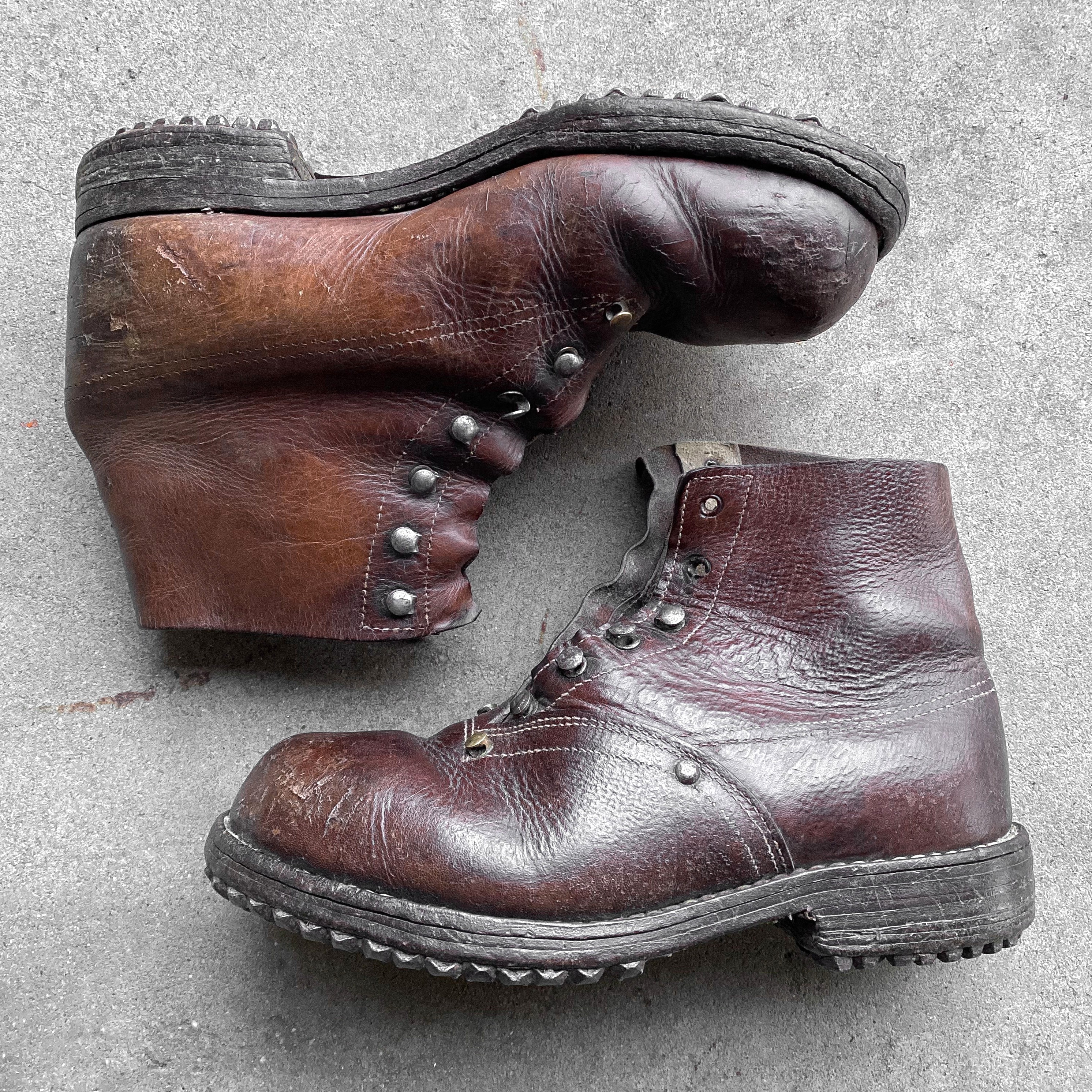 Antique Vintage 30s French Leather Mountaineering Mountain Climbing Alpinism Hiking Boots Shoes Brown Rugged Decor Gift Collection