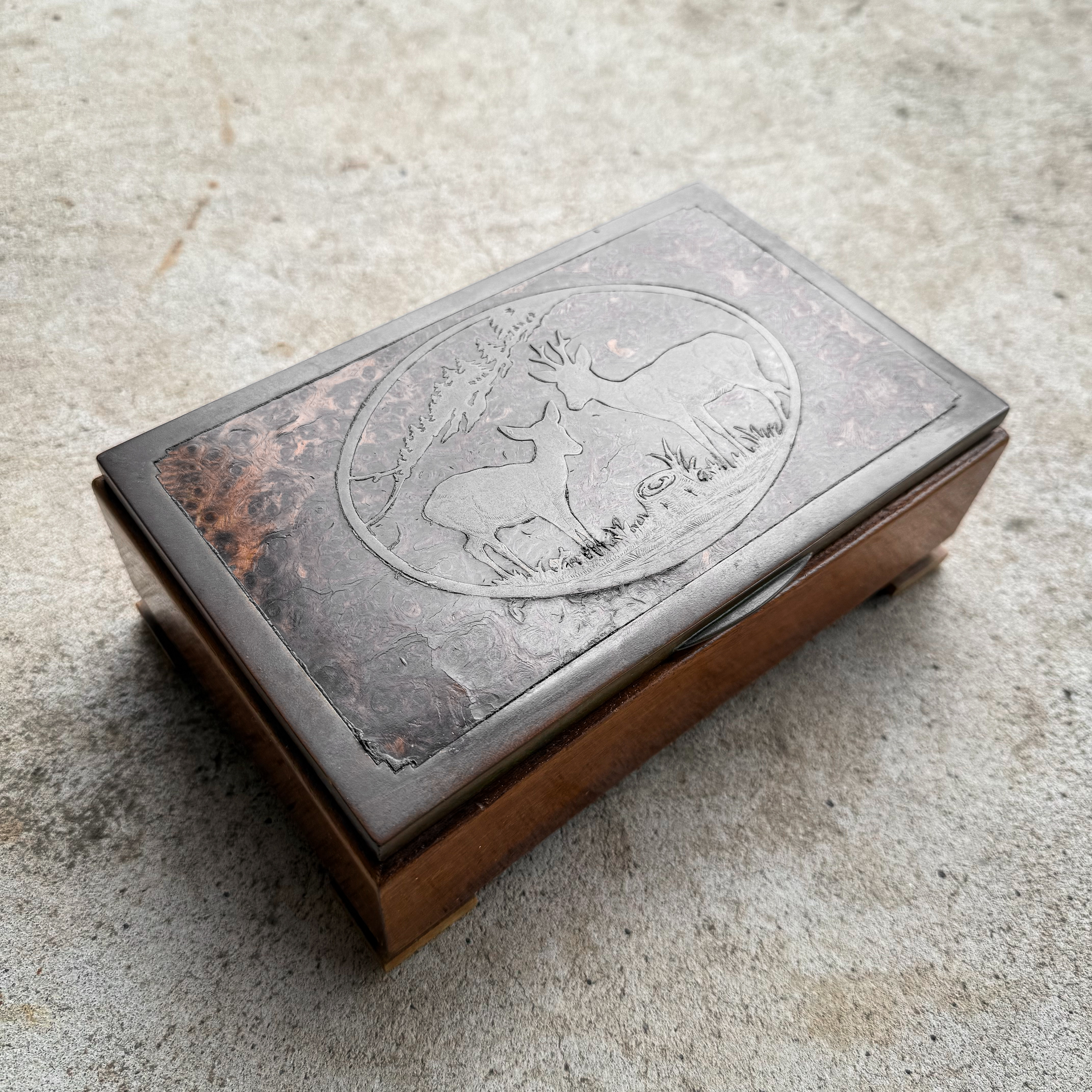 Antique Vintage 30s 1930s Spanish Music Box Hunting Theme Roe Deer Wood Leather Decor Gift