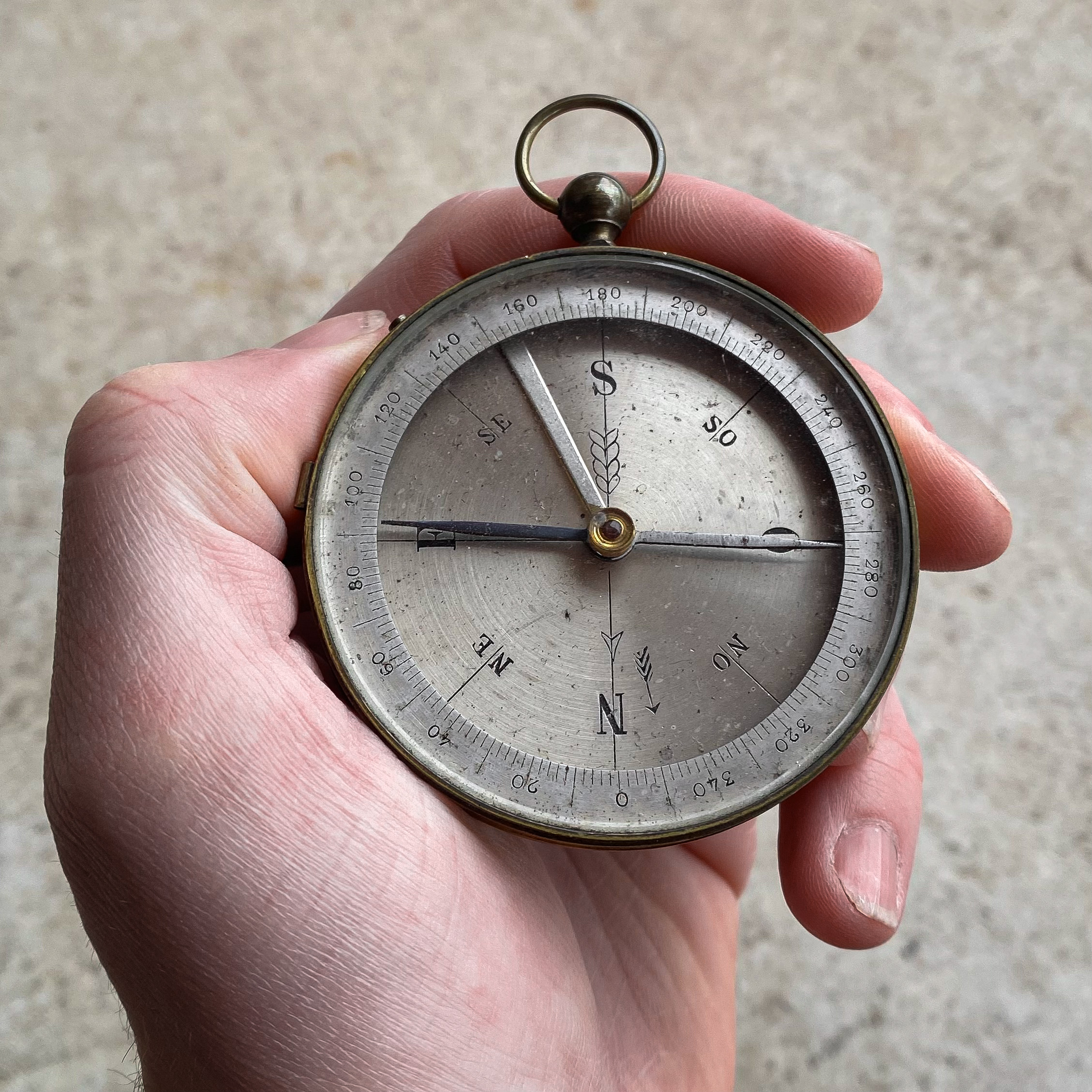 Antique Vintage Early 1900s French Pocket Field Compass Brass Wooden Box Curiosity Collection Decor Gift