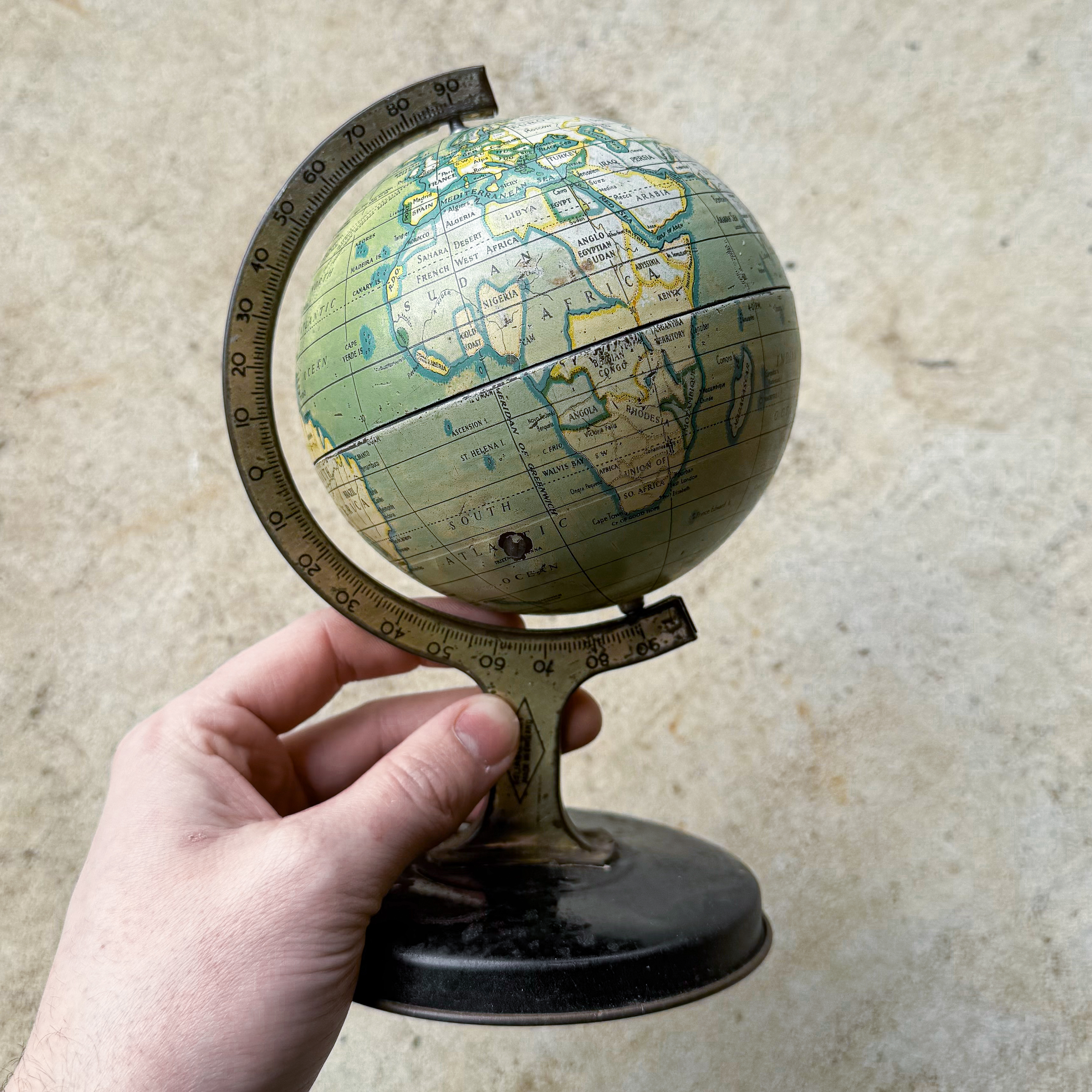 antique-vintage-30s-1930s-british-tin-toy-globe-earth-reliable-series-desk-decor-collection-gift (10) Antique Vintage 30s 1930s Reliable Series English British Tin Metal Globe Earth Geographic Model Desk Table Decor Patina Gift Rustic