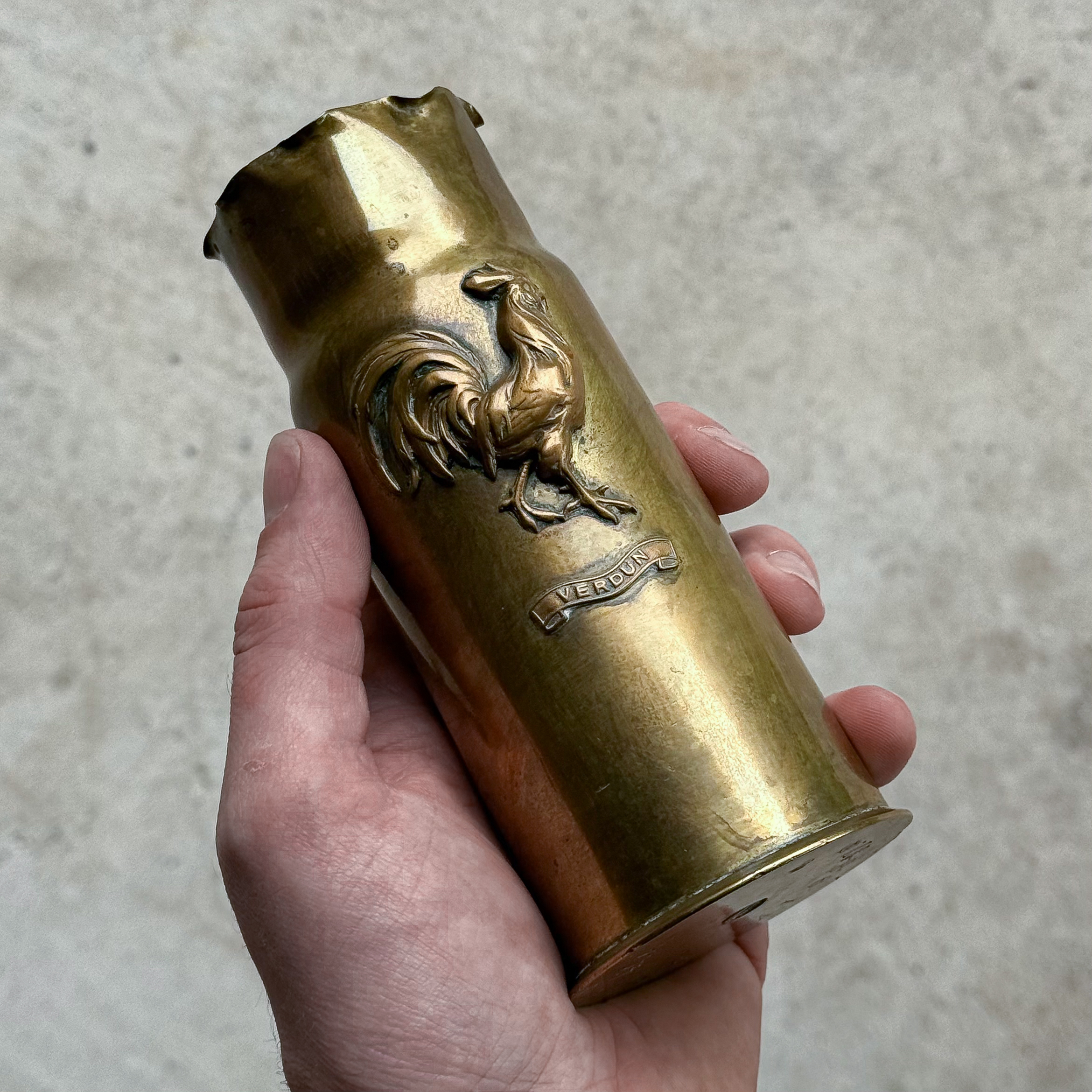 Antique 1917 WWI French shell casing, hand-engraved trench art with a rooster above a Verdun banner.
