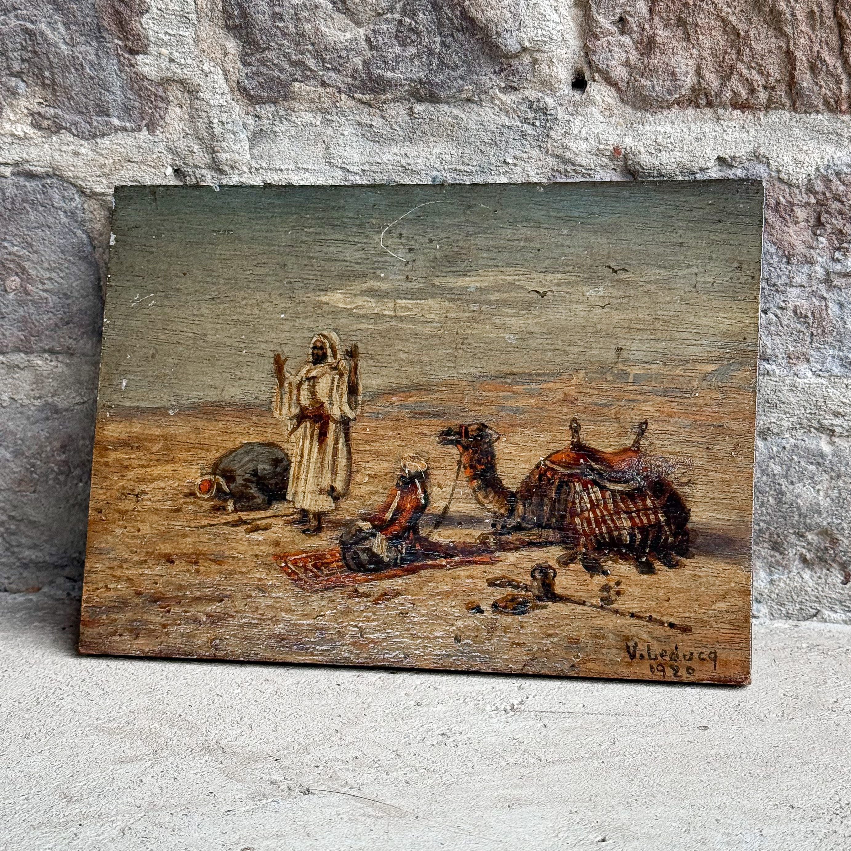 antique-vintage-20s-french-oil-painting-wooden-panel-moslim-men-arabic-camel-art (9) Antique 1920 French folk art oil painting on a wooden panel of three men praying in the desert beside a camel.