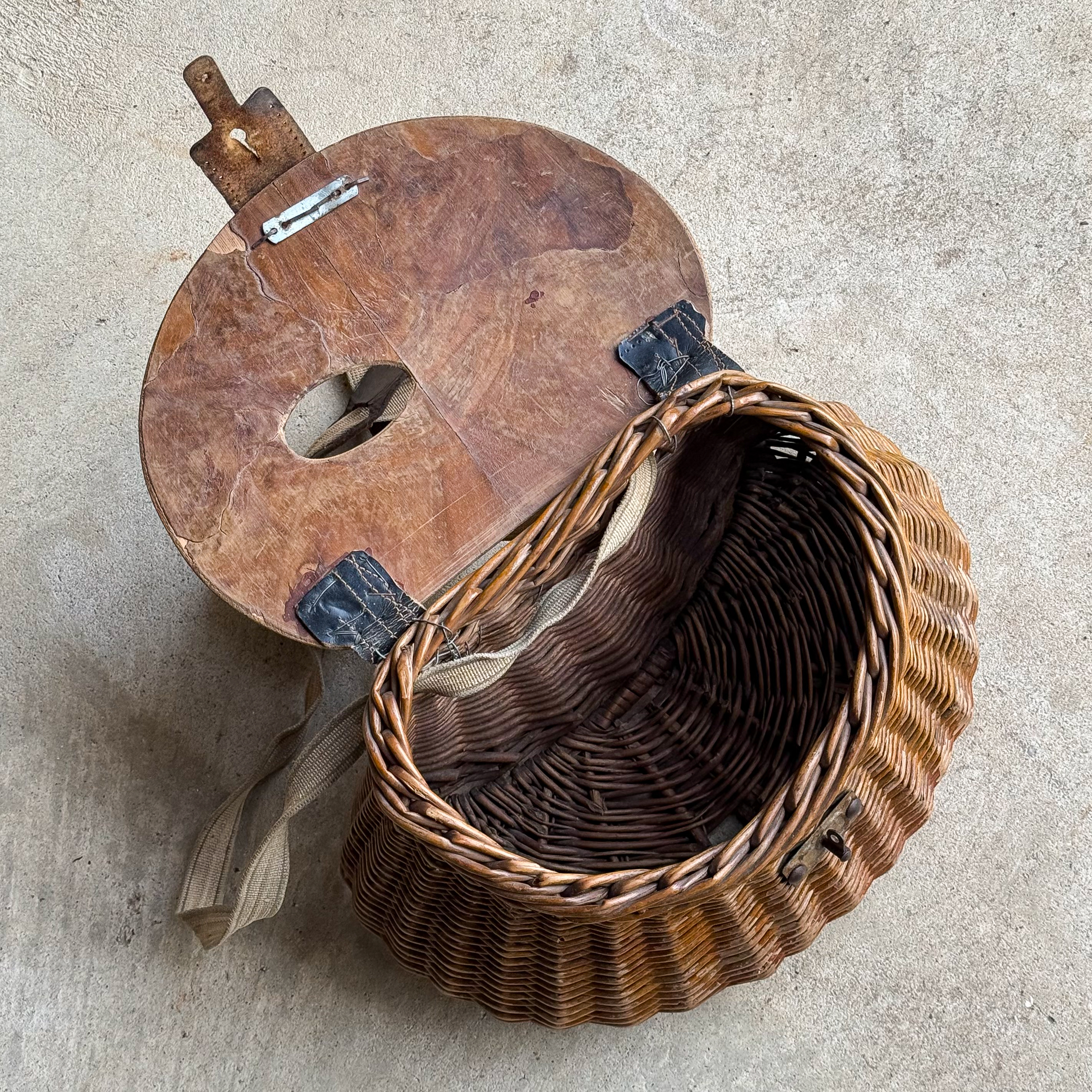 Vintage 1930s Spanish fishing creel and small bait basket with rustic handmade fittings