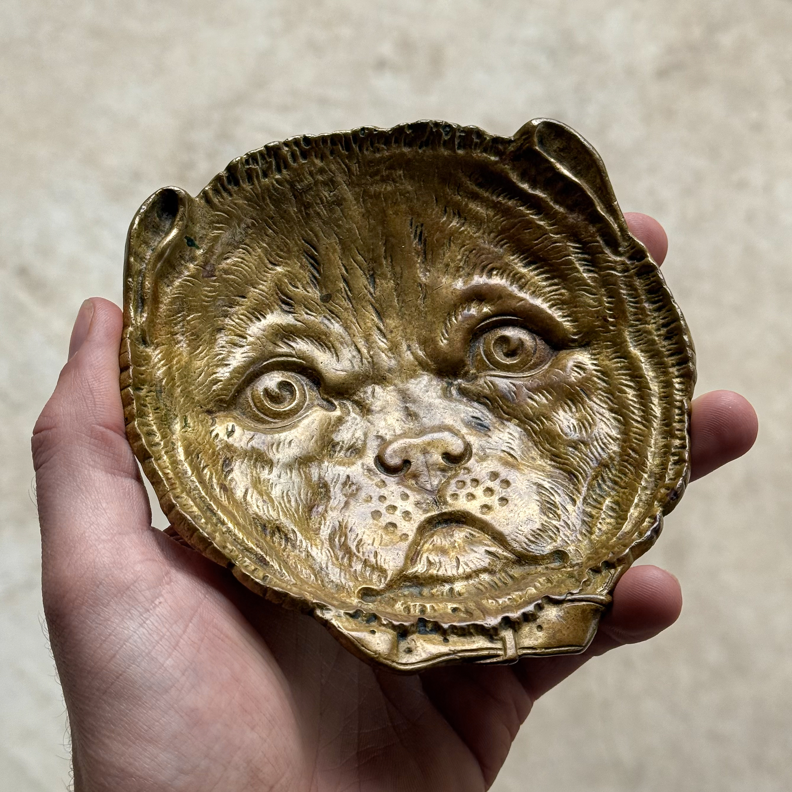 Antique early 1900s French brass trinket dish with a relief of a guard dog wearing a collar.
