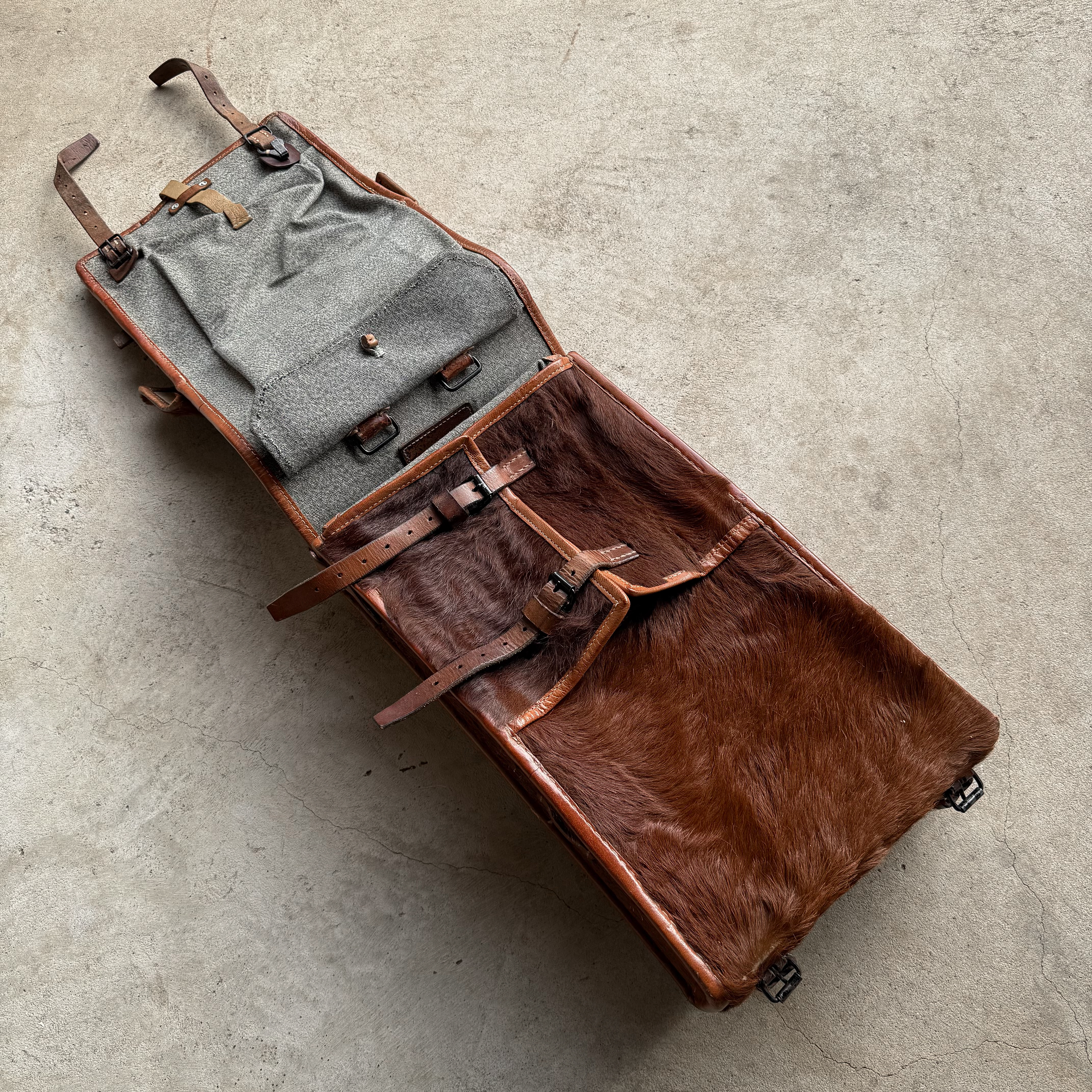 Vintage 1948 Swiss Army hair-on cowhide backpack, known as the Haaraffe Tornister