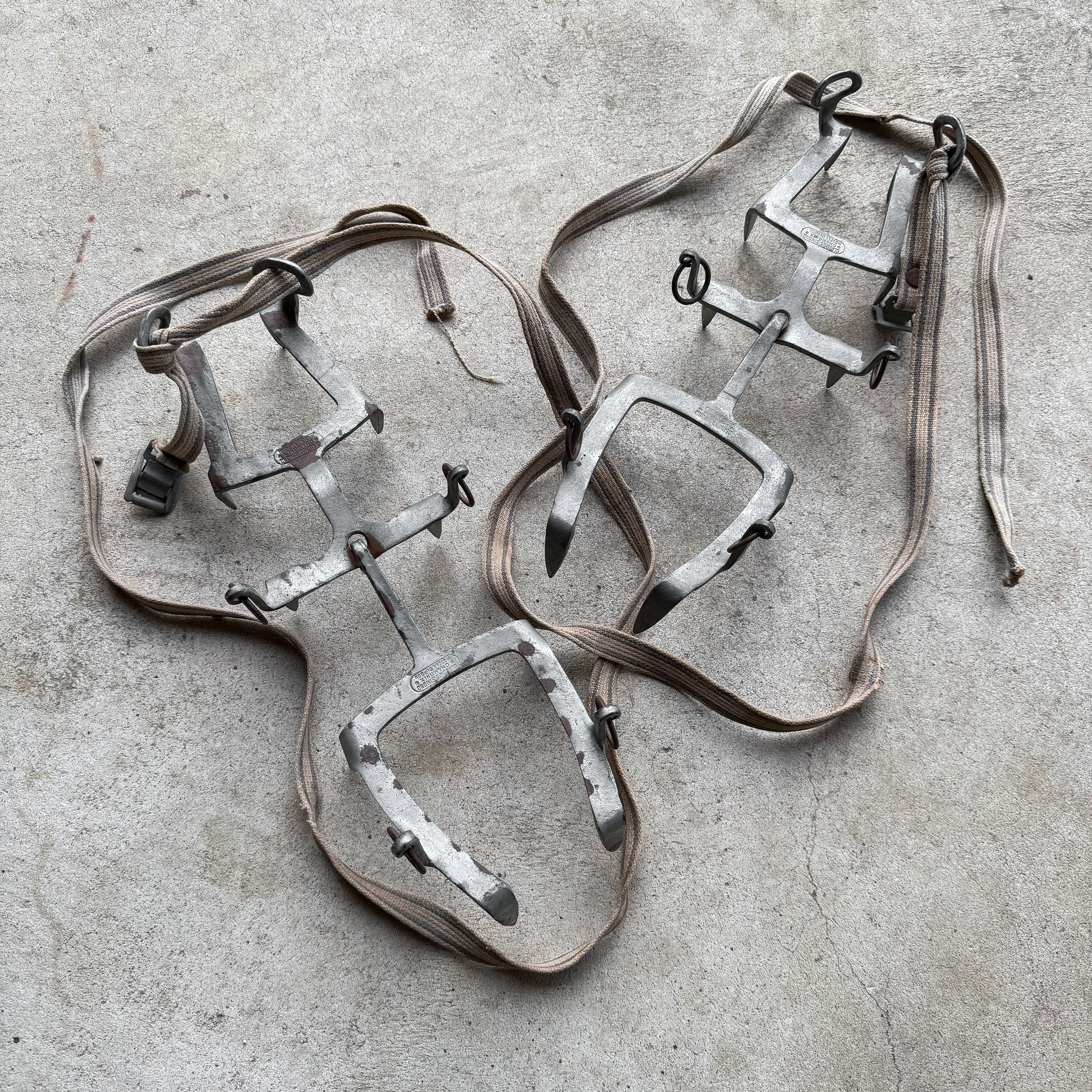 Pair of vintage 1950s hand-forged Claudius Simond mountaineering crampons from Chamonix.